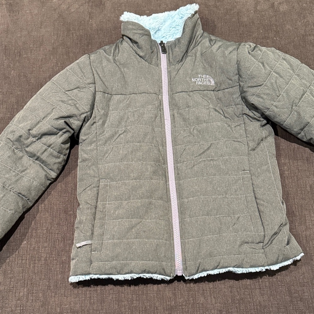 The North Face Youth Reversible Gray Jacket with Light Blue Fur